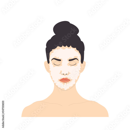 Facial treatment, woman with tied hair, closed eyes and foam on face, vector isolated on white background.