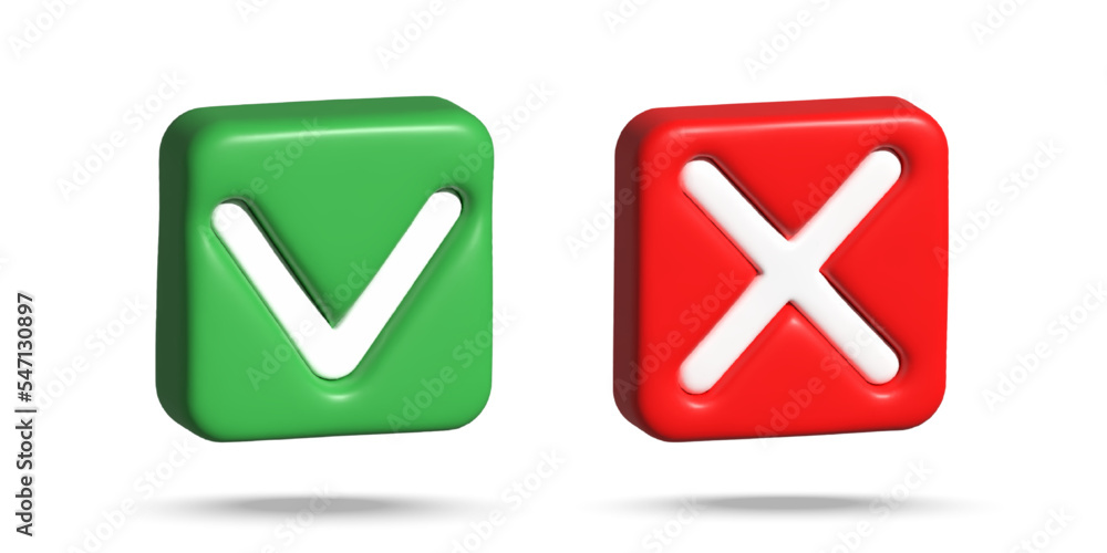 3D Check mark tick and cross. Glossy square green and red check mark sign . Symbols of acceptance and rejection.Realistic green tick,red cross 3D Check mark tick and cross. Glossy square green and red check mark sign . Symbols of acceptance and rejection.Realistic green tick,red cross