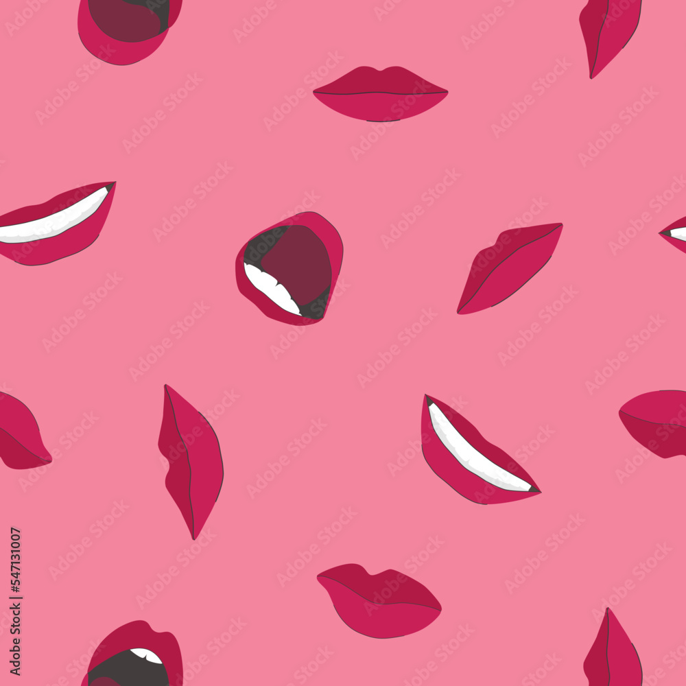 Pattern seamless illustration with lips of different shapes in different emotional states, vector isolated on pink background. Pattern seamless illustration with lips of different shapes in different emotional states, vector isolated on pink background.