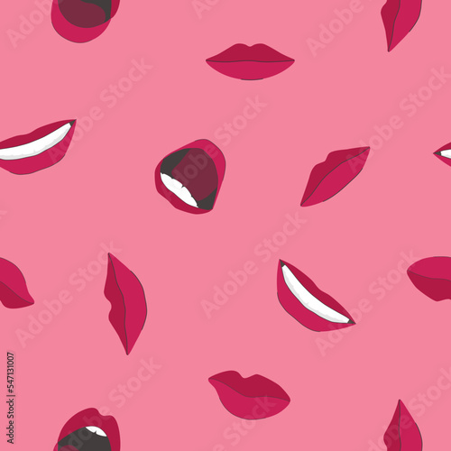 Pattern seamless illustration with lips of different shapes in different emotional states  vector isolated on pink background.