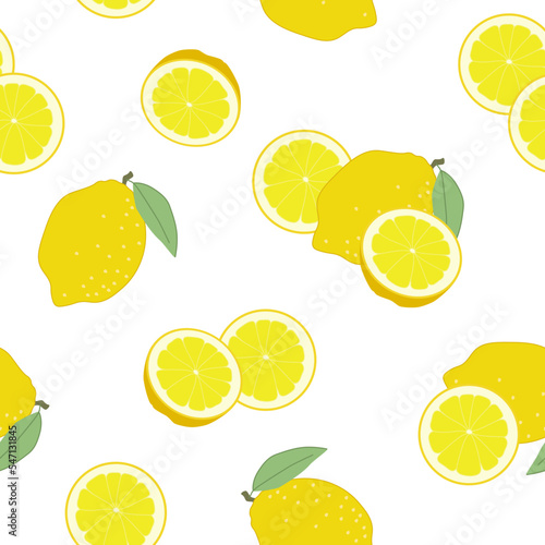 Pattern seamless illustration with fresh bright citrus fruit lemons whole with peel and cut, vector isolated on white background.