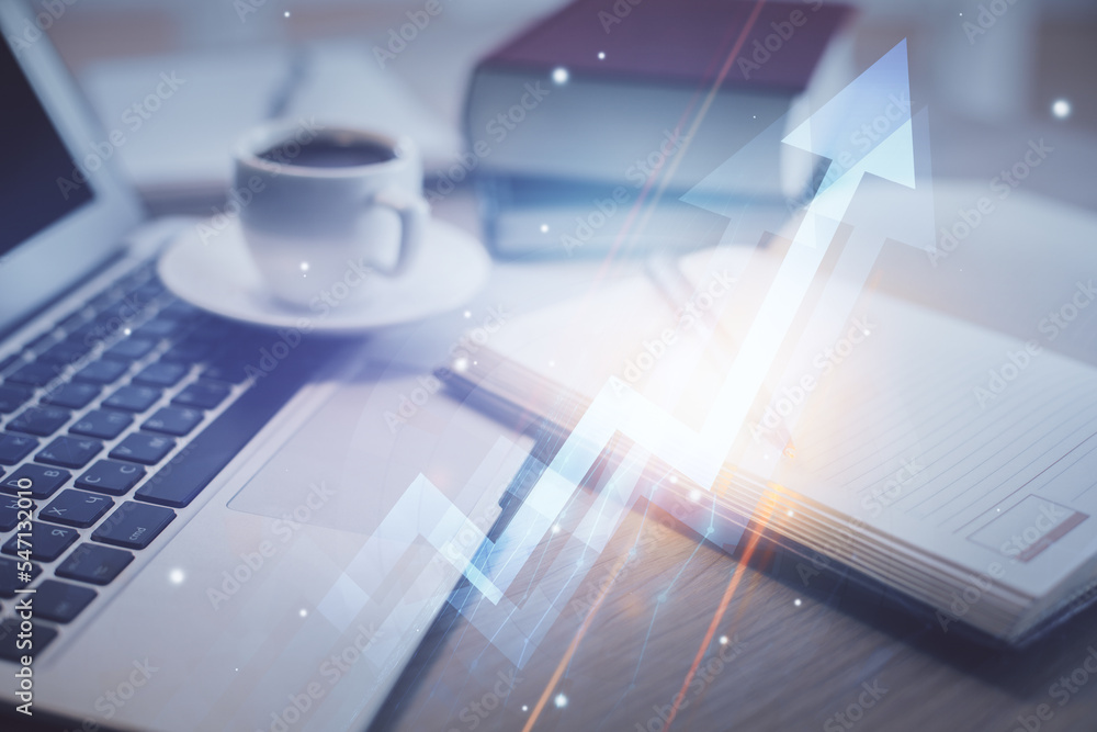 Double exposure of arrows drawing and desktop with coffee and items on table background. Concept of growth. Double exposure of arrows drawing and desktop with coffee and items on table background. Concept of growth.