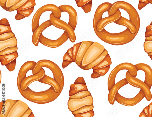 Vector texture with German and French bakery treats. Seamless pattern with cartoon hand drawn pretzels and croissants