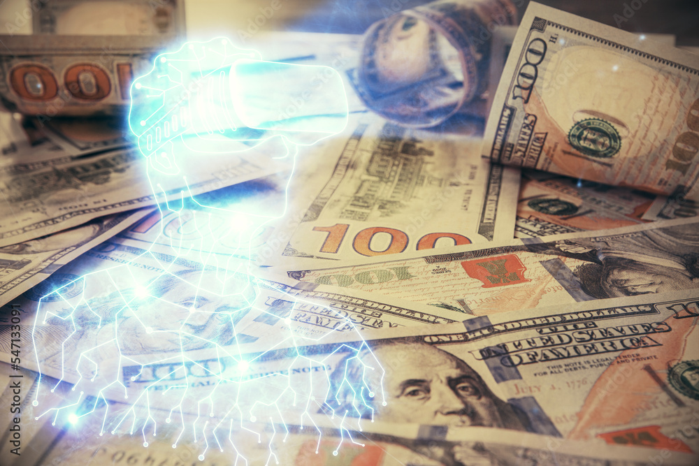 Double exposure of man wearing VR glasses drawing over usa dollars bill background. Concept of virtual reality. Double exposure of man wearing VR glasses drawing over usa dollars bill background. Concept of virtual reality.