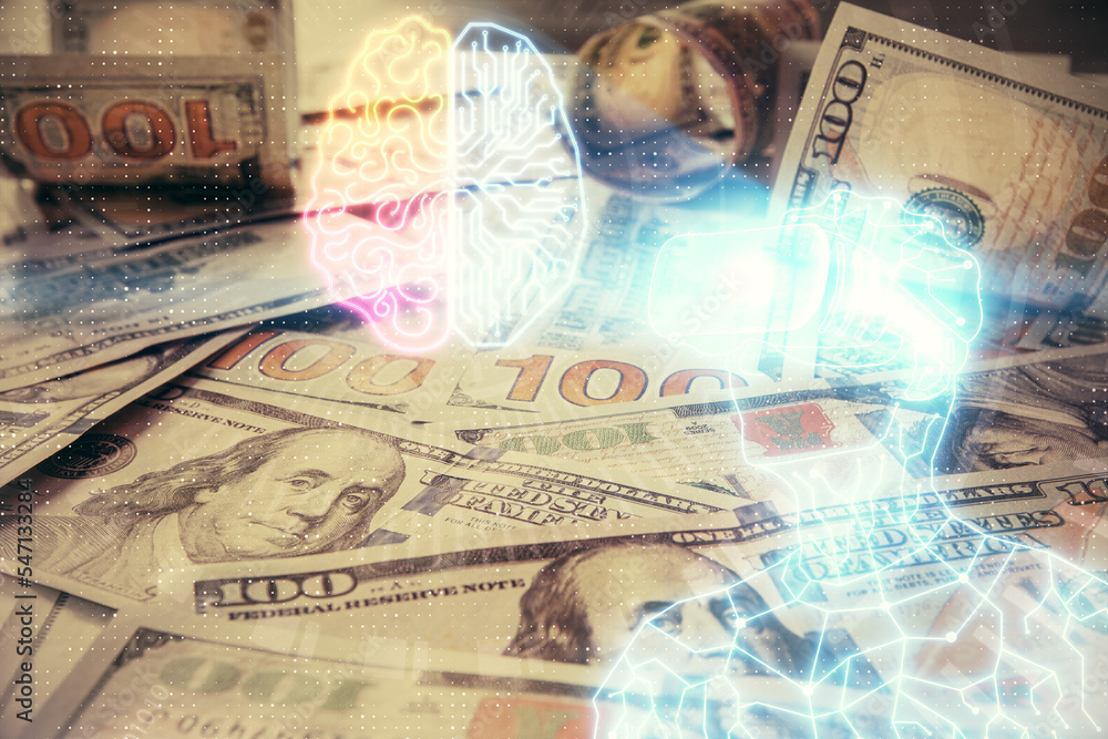 Double exposure of man wearing VR glasses drawing over usa dollars bill background. Concept of virtual reality. Double exposure of man wearing VR glasses drawing over usa dollars bill background. Concept of virtual reality.