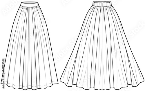womens full skirt flat technical cad drawing vector template