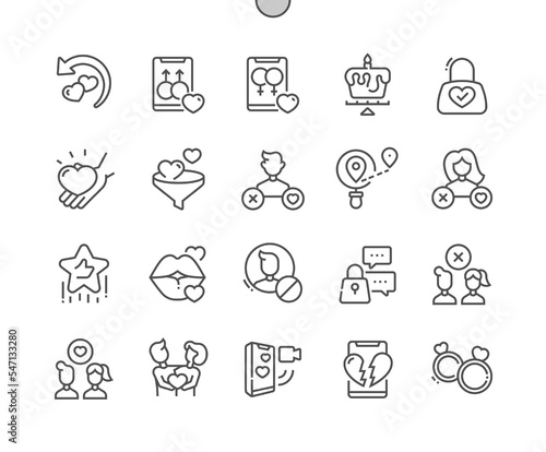 Dating app. Super like. Relationship status, age range, wedding rings. Pixel Perfect Vector Thin Line Icons. Simple Minimal Pictogram