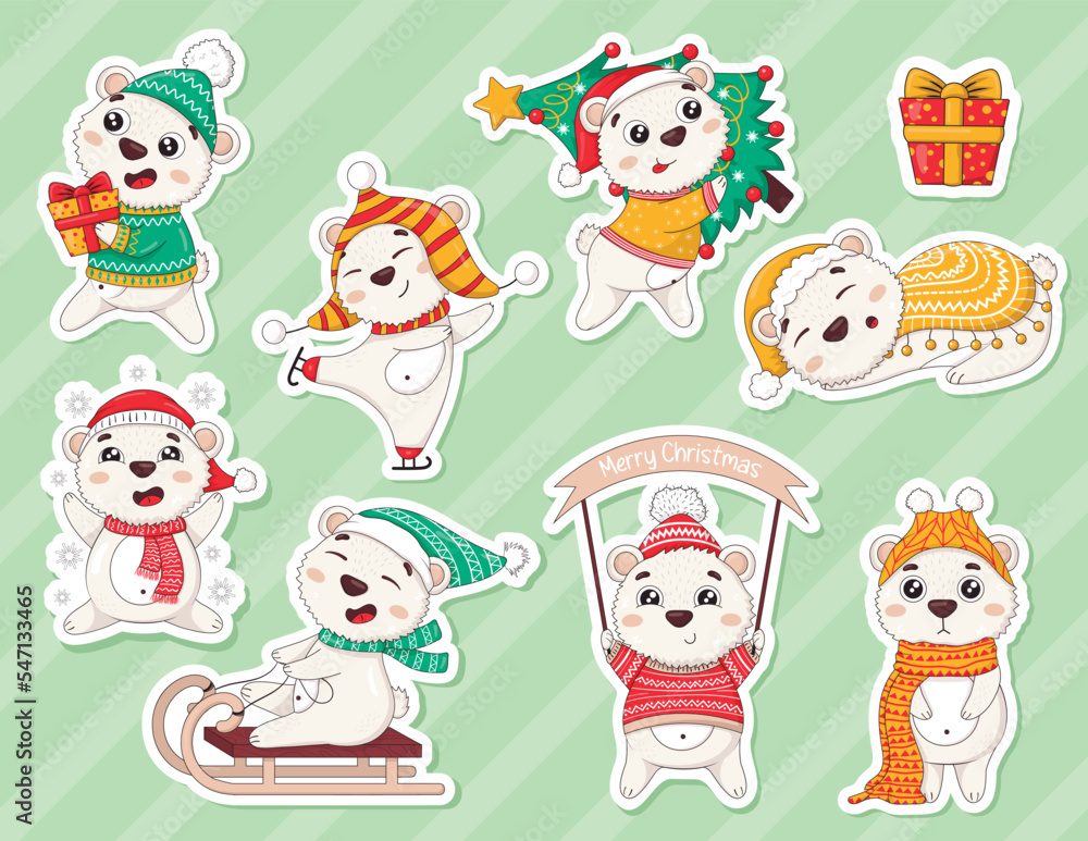 Bundle of stickers with cute cartoon new year polar bears in winter clothes with christmas tree, skating, sledding, catching snowflakes, carrying gifts, sleeping