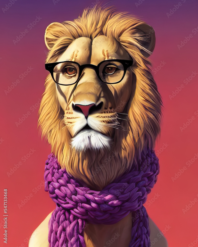 Lion face with glasses. Geek lion with glasses wearing a knitted scarf wrapped around his neck Lion face with glasses. Geek lion with glasses wearing a knitted scarf wrapped around his neck