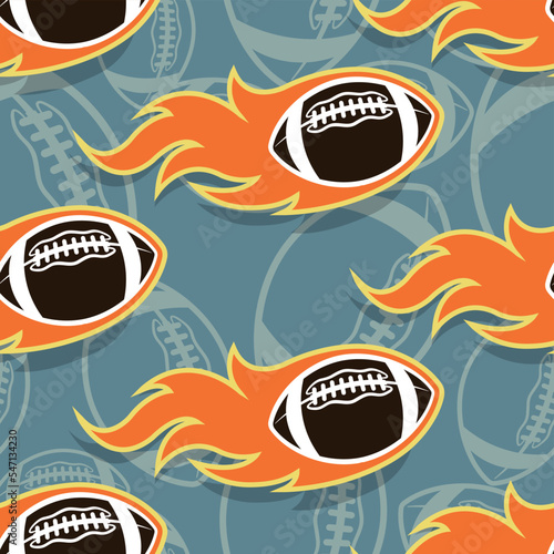 American football wallpaper design vector image. Repeating tile background of rugby balls and fire flame seamless pattern texture.