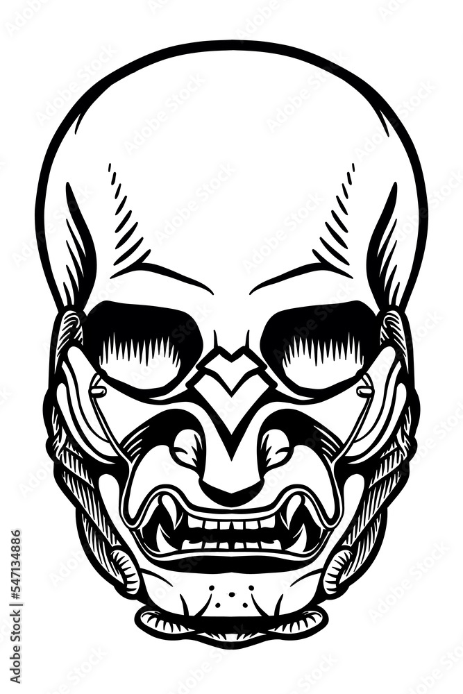 Human skull with Samurai mask - Out line