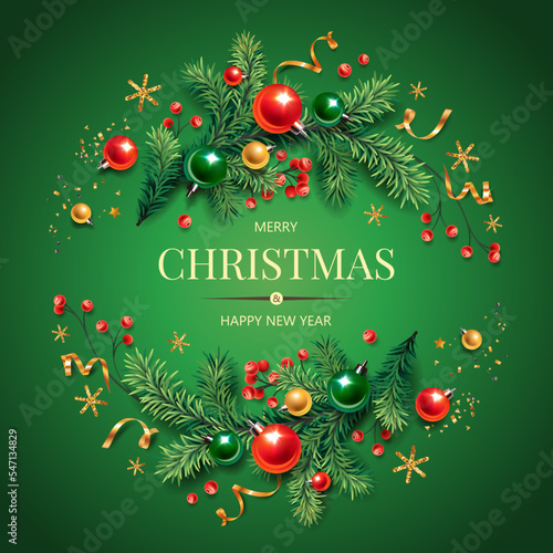 Square banner with gold and red Christmas symbols and text. Christmas tree, balls, golden tinsel confetti and snowflakes on green background. Header for website template.
