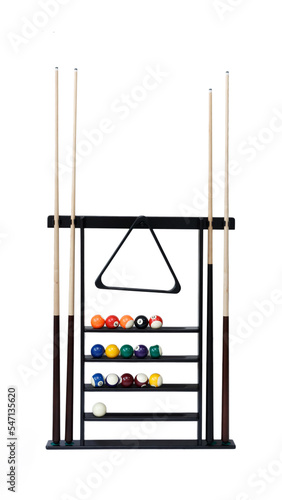Billiard cue stand with balls and triangle. Equipment for playing American pool, billiards. Element of furniture, rack with shelves.