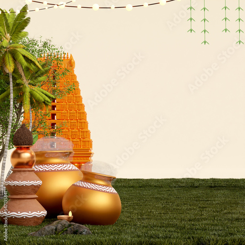 pongal festival in white background for web banner with pongal pot, sugar can, bull, diya and tradition music instrument, 3d render photo