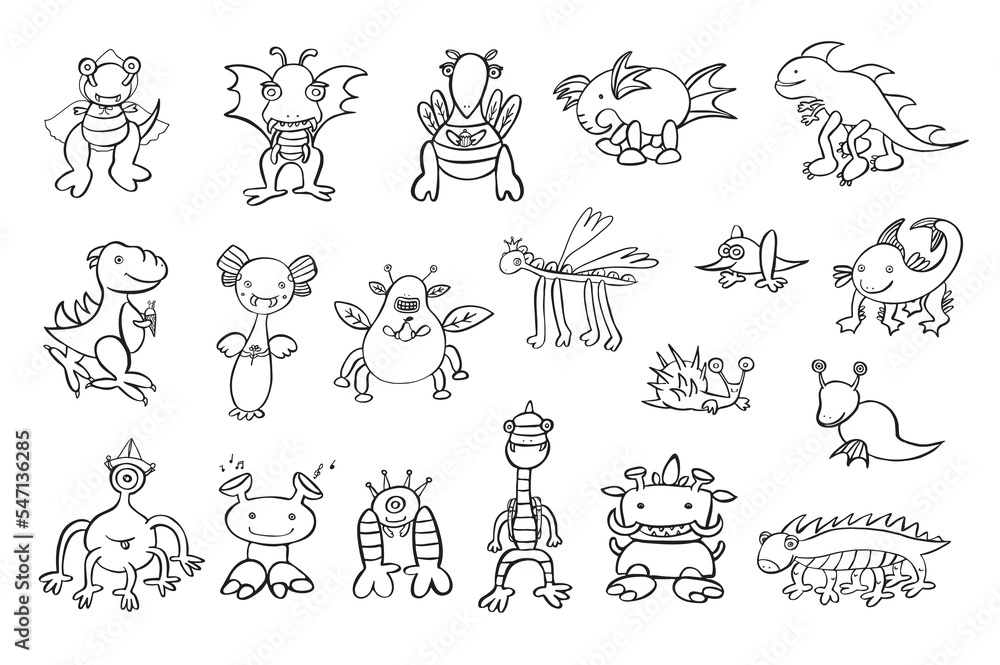 Monster doodle vector line illustrations set. Monster doodle vector line illustrations set.