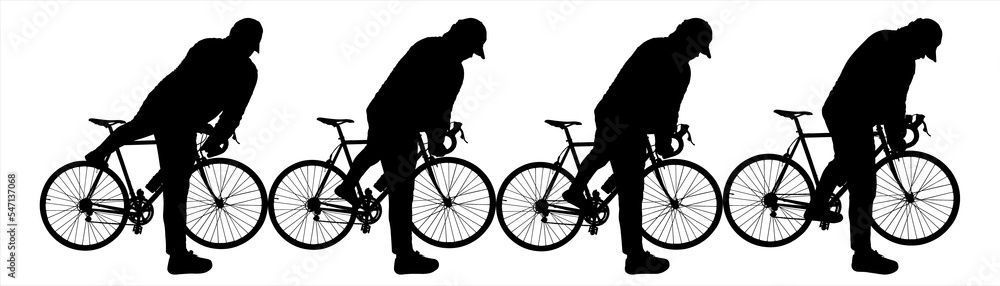 Obraz premium Cyclist in a cap. A man stands with his back to the observer. A man holds his bike in his hands and throws his leg over the frame of the bike. Four black male silhouettes isolated on white background