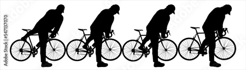 Cyclist in a cap. A man stands with his back to the observer. A man holds his bike in his hands and throws his leg over the frame of the bike. Four black male silhouettes isolated on white background