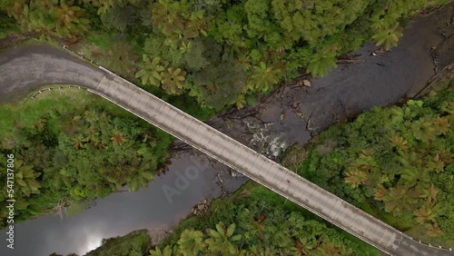Top-down descend towards a person crossing a river bridge within lush trees and bushland photo