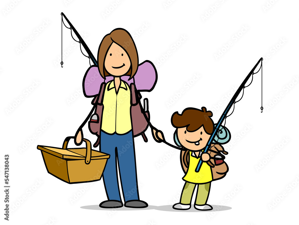 Mom and son with fishing rod go fishing