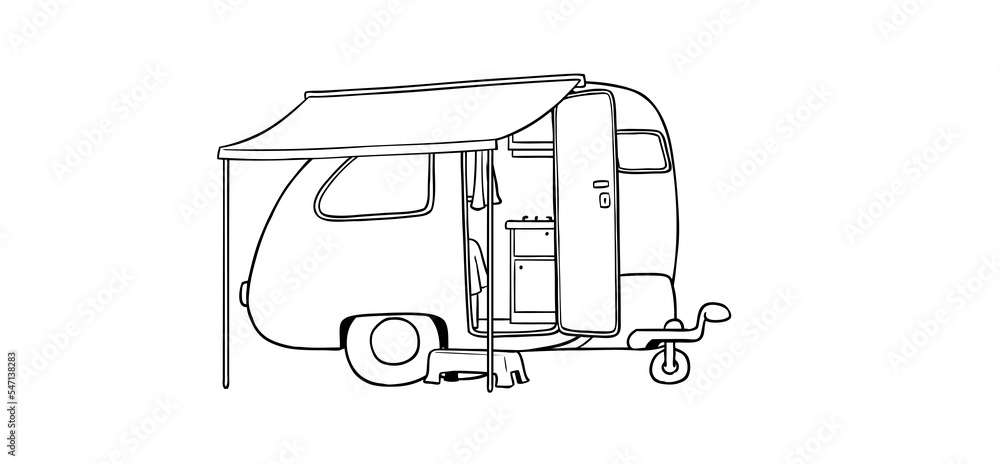 Teardrop trailer caravan with awning as a coloring page - obrazy, fototapety, plakaty 