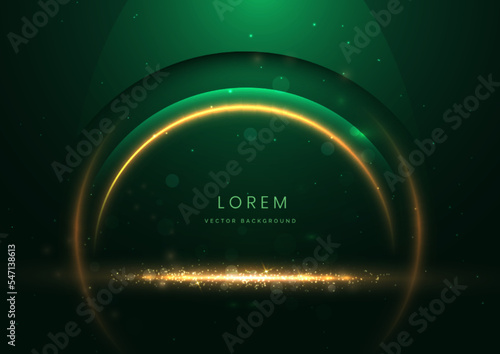 Luxury dark green background with circle glowing green and golden line lighting effect sparkle.
