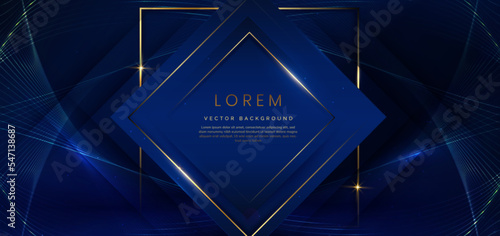 3D square frame dark blue on dark blue background with lighting effect and sparkling with copy space for text. Luxury design style.