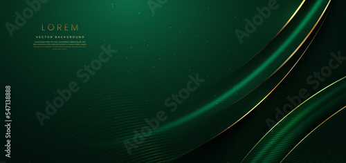 Abstract 3d gold curved green ribbon on dark green background with lighting effect and sparkle with copy space for text. photo