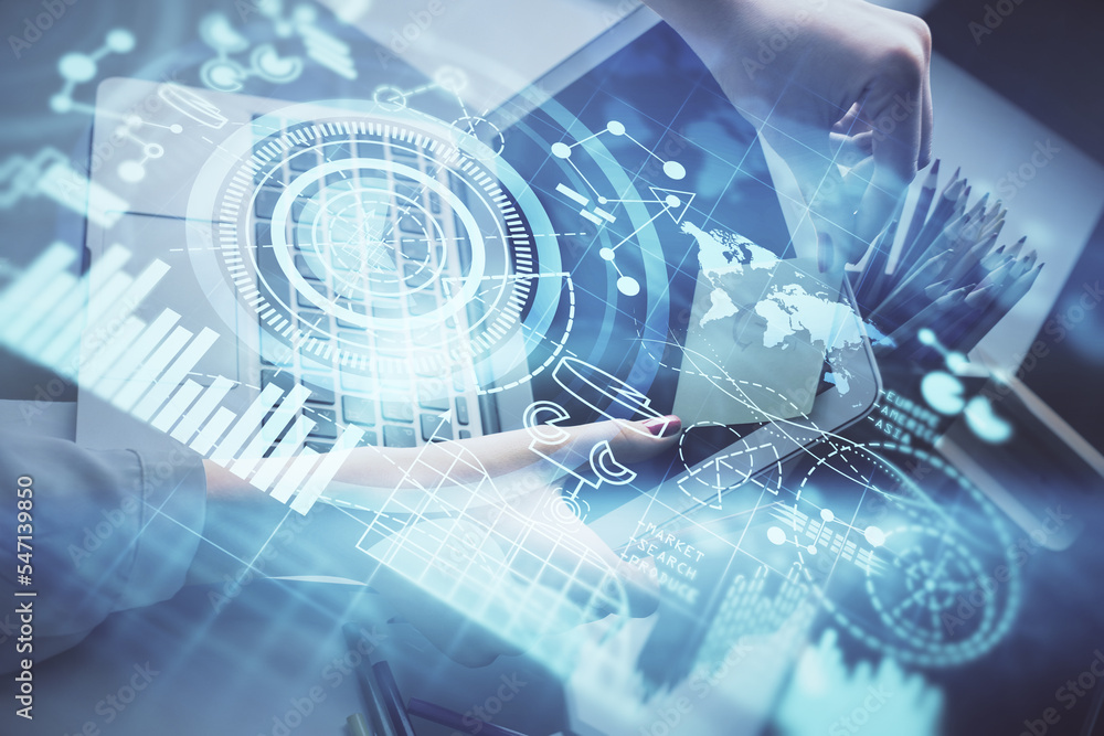 Multi exposure of woman hands typing on computer and business theme hologram drawing. Success concept. Multi exposure of woman hands typing on computer and business theme hologram drawing. Success concept.
