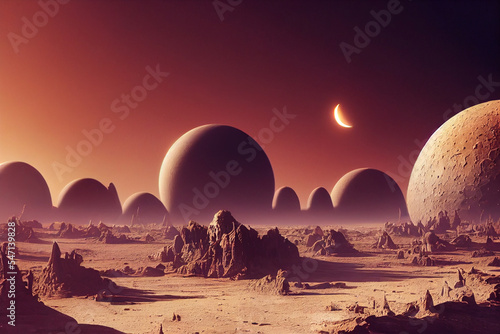 an alien landscape with mountains and planets in the background digital art illustration