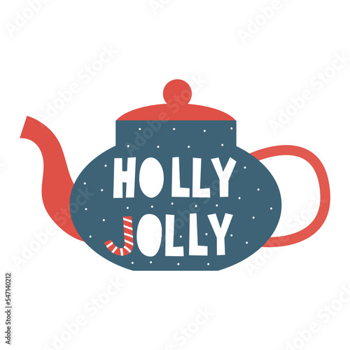Holly jolly Christmas lettering greeting card with wishes on teapot. Cozy winter concept. Vector flat illustration.