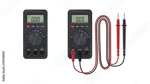 Realistic digital multimeter with set of probes. Vector illustration.