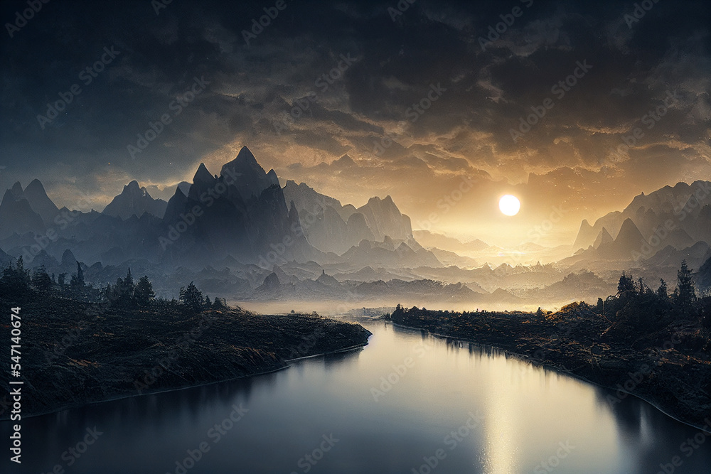 a lake surrounded by mountains under a cloudy sky digital art illustration