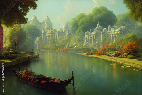 boats in the fantasy river digital art illustration