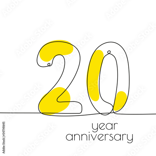 20 year anniversary. Vector illustration 20th hand drawn with continuous line.
