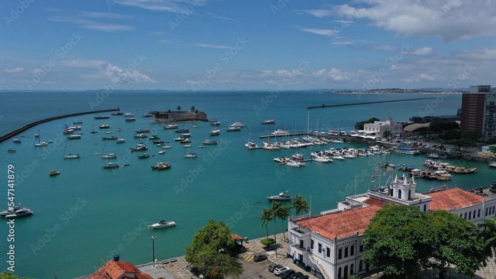Aerial view of the old town of Salvador with historic buildings and wonderful colonial and barroc architecture. Salvador, Bahia, Brazil 