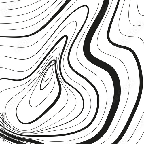 Distorted wave monochrome texture. Abstract dynamical rippled surface. Vector stripe deformation background. Mesh, grid pattern of lines. Black and white illustration.