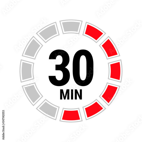 30 minute vector icon, stopwatch symbol, countdown. Isolated illustration with timer.