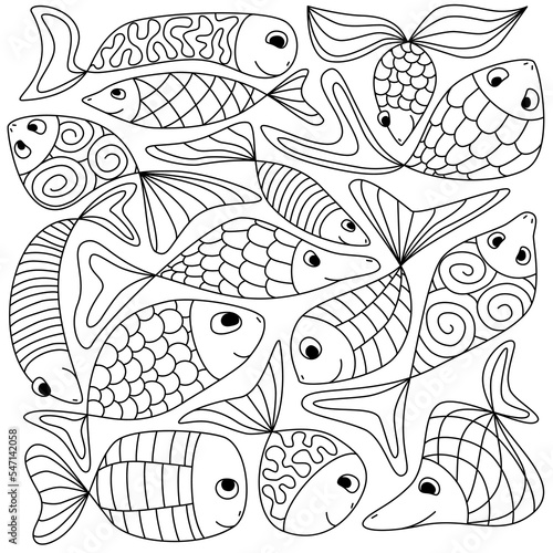 Cute doodle fantasy fish for coloring. Sea life animals outline contour. Zentangle pattern abstract smiling fish. Simple ink sketch vector illustration. For print, cover, book, textile, souvenirs. photo