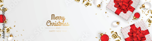 Christmas banner. Xmas background design with realistic christmas ball and golden confetti glitter.
