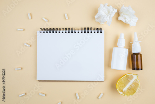 Top view photo of blank white medicine notepad napkins lemon.