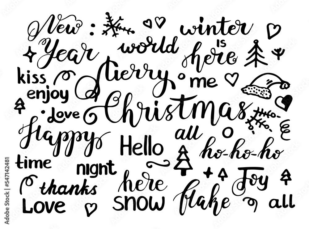 Merry Christmas. Set of handwritten lettering quote with Happy New Year phrase. Vector hand drawn calligraphy type Merry Christmas. Set of handwritten lettering quote with Happy New Year phrase. Vector hand drawn calligraphy type