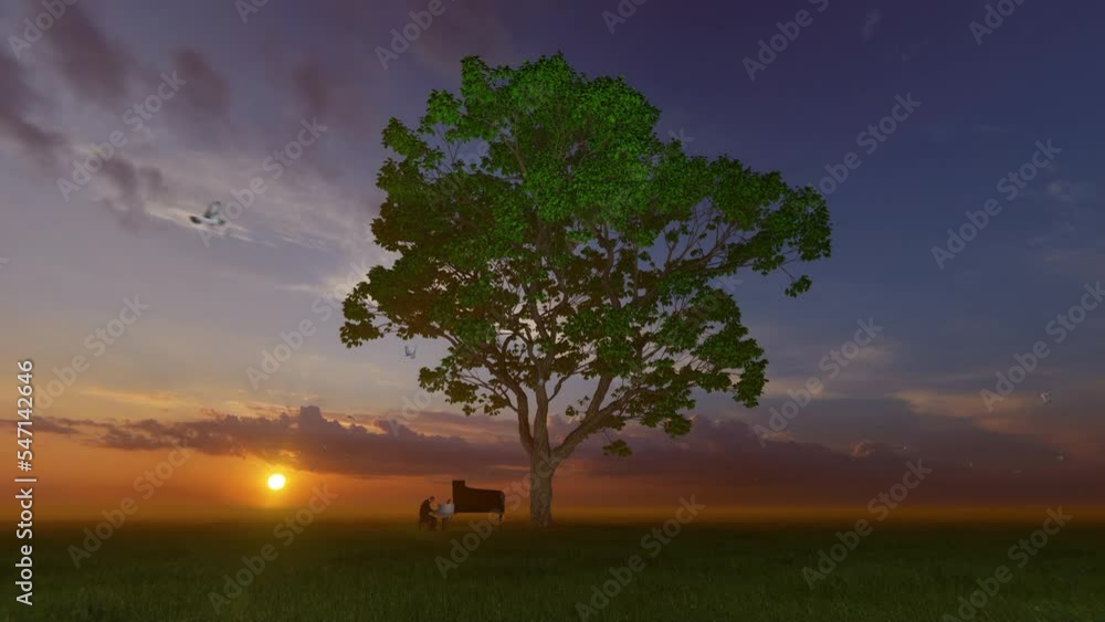 Piano performer under the tree of life against beautiful sunset, 4K Piano performer under the tree of life against beautiful sunset, 4K