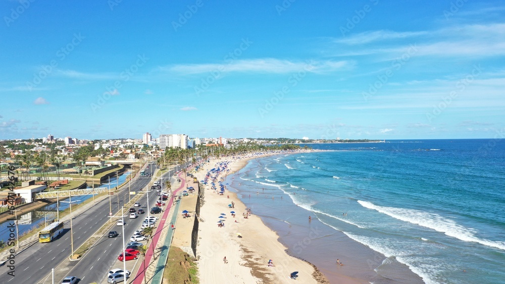 Panoramic view of a beautiful white sand beach with turquoise waters of the Atlantic Ocean in Salvador, capital of Bahia State, Brazil 