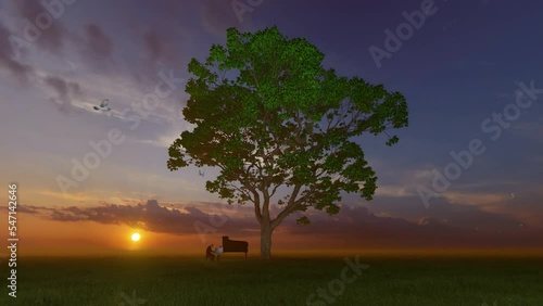 Piano performer under the tree of life against beautiful sunset, 4K photo