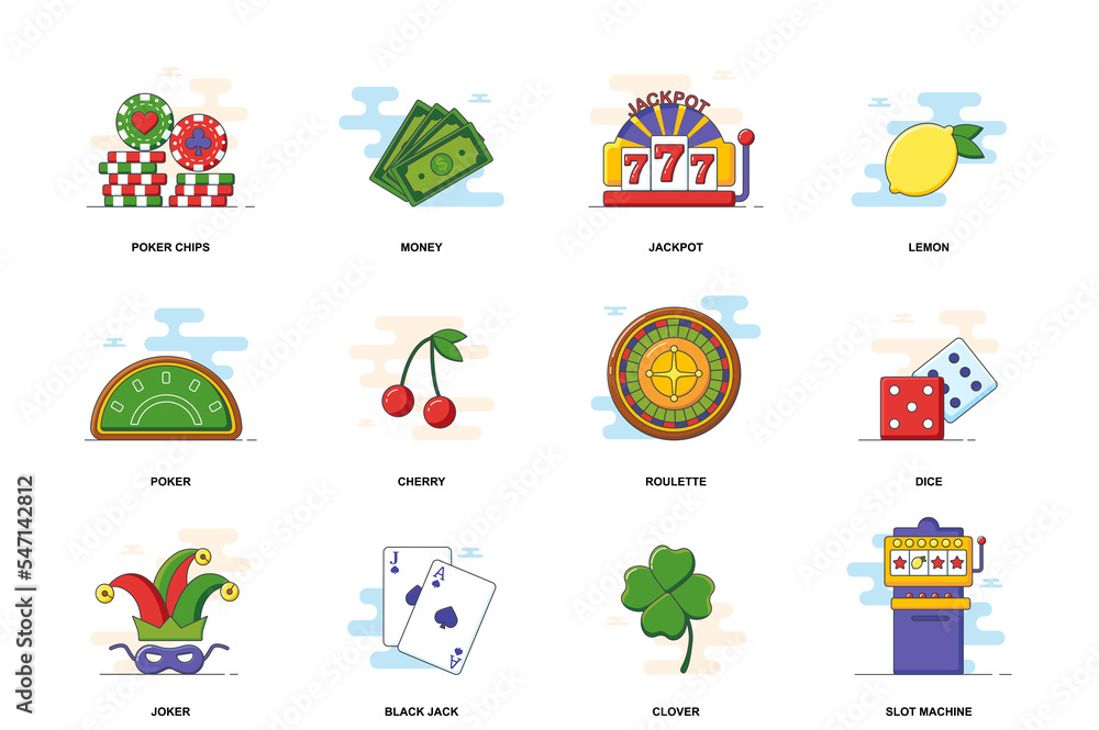 Fototapeta premium Casino web concept stroke flat line icons isolated set. Gambling game industry bundle. Graphic linear symbols collection for website design. Conceptual pack outline pictograms for mobile app
