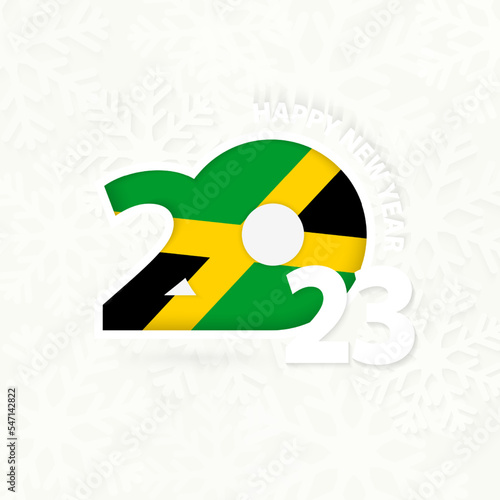 New Year 2023 for Jamaica on snowflake background.