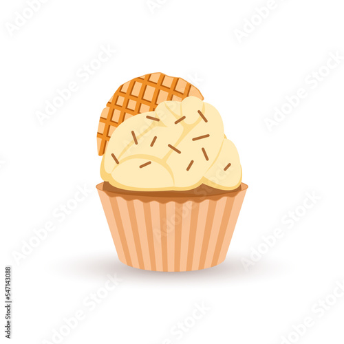 Cute cupcake with waffles isolated on white
