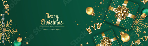 Christmas banner. Xmas background design with realistic christmas ball and golden confetti glitter.
