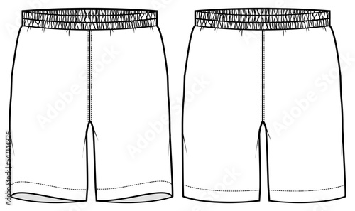 unisex elastic waist basic shorts flat sketch vector illustration technical cad drawing template