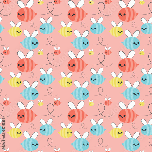 Seamless Repeat Pattern of Colorful Flying Bee on Pink Background.